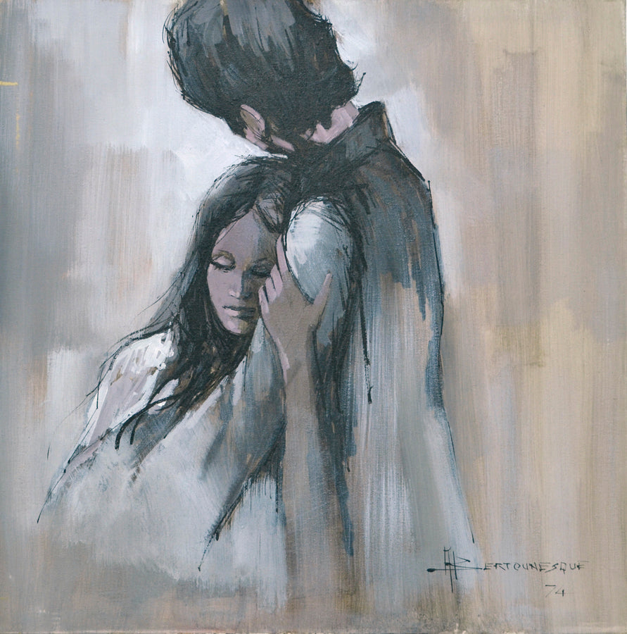 Figurative “Couple Embracing” by Andre Bertounesque – oil on canvas.