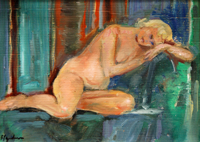 Robert Hyndman, "Nude Reclining," oil on board, 9 x 11 in, traditional figurative painting
