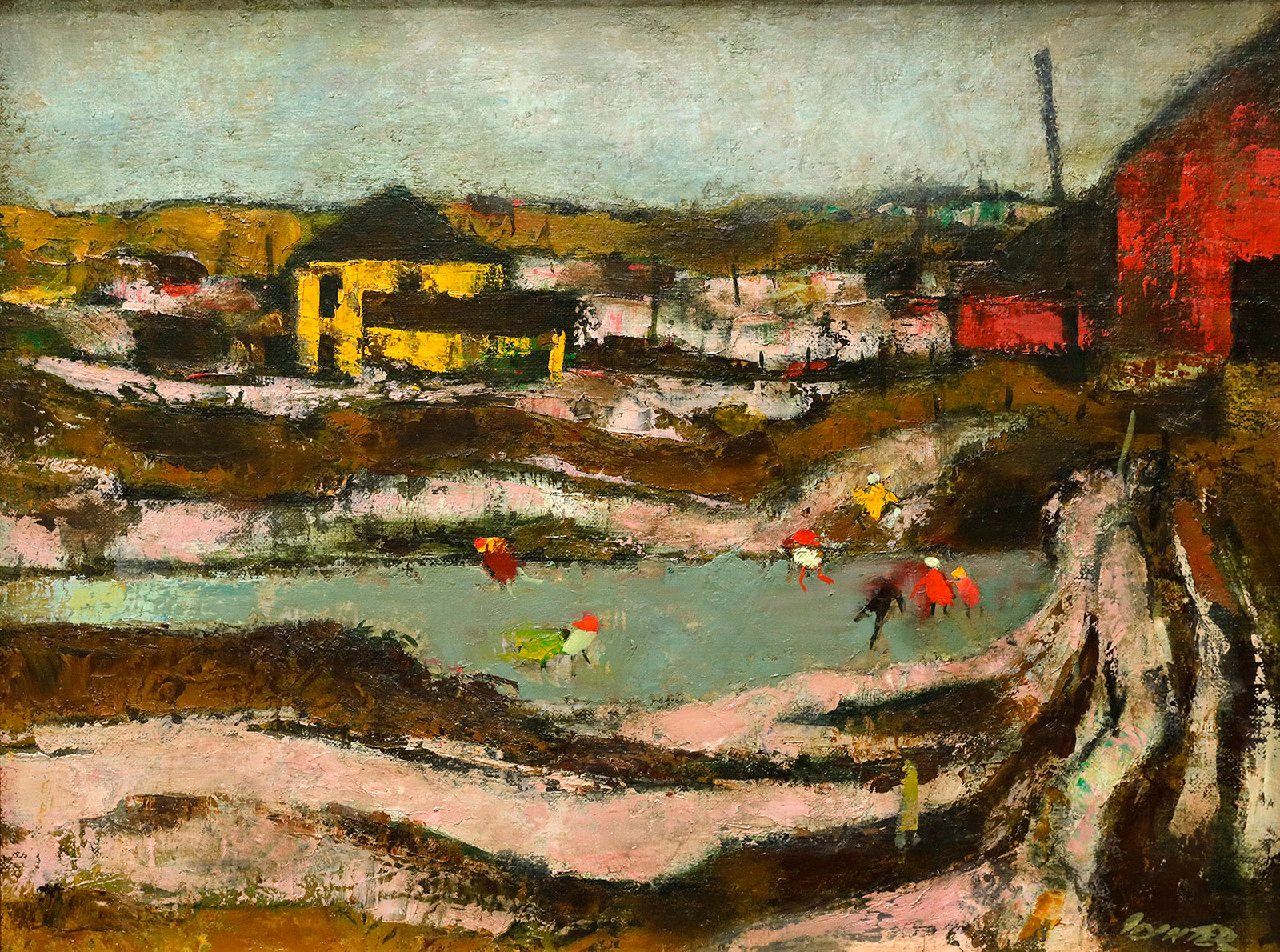 Landscape “Skating On The Frozen Pond” by William Winter – oil on canvas.