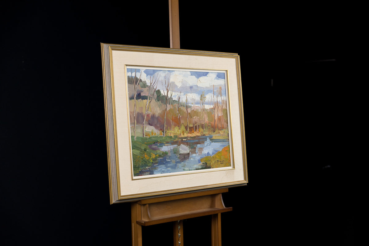 Armand Tatossian, "Landscape Pond & Trees," detail view, oil on canvas