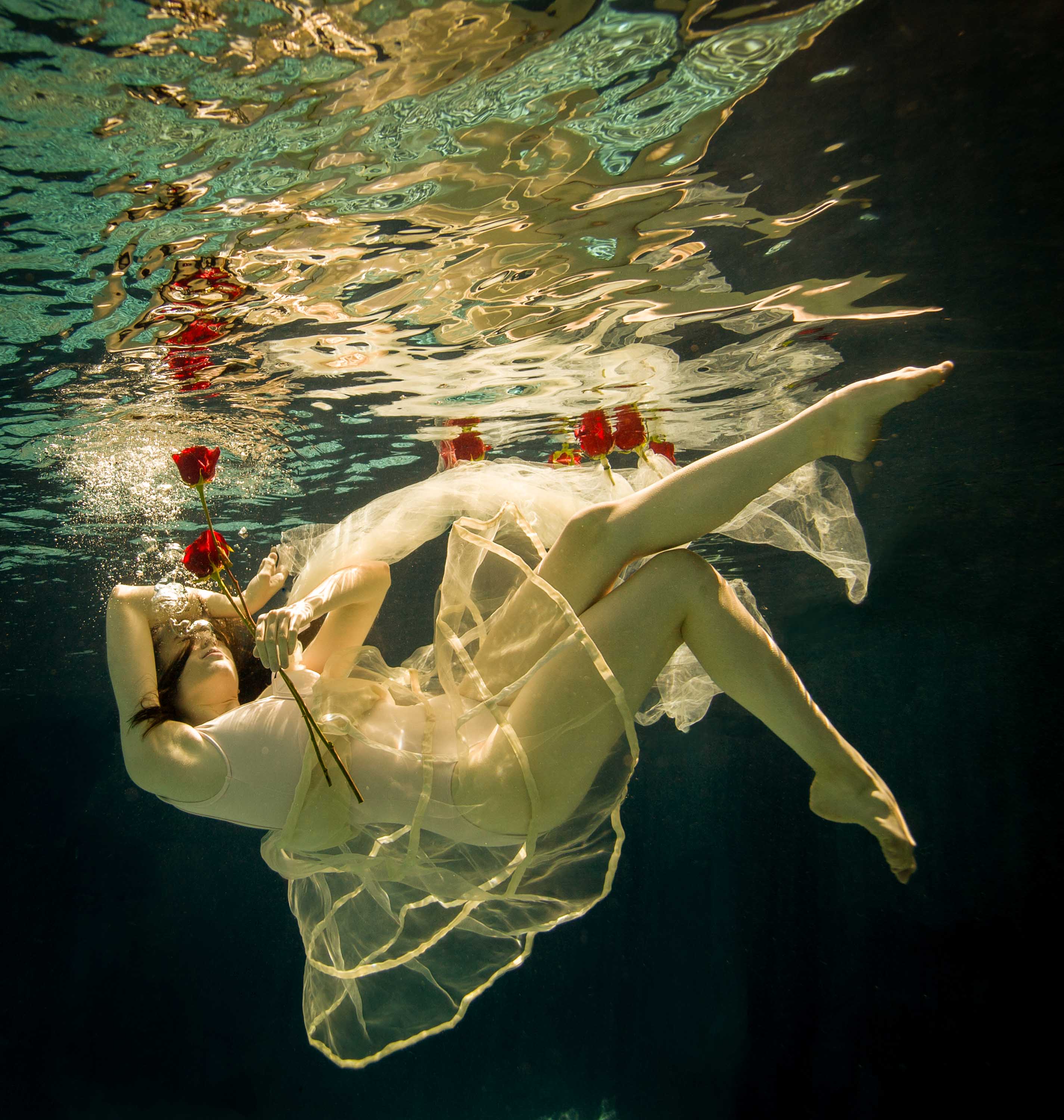 Alyssa Fortin, "Auora," digital print on paper, 36 x 36 in, figurative limited edition print with a woman in water, framed