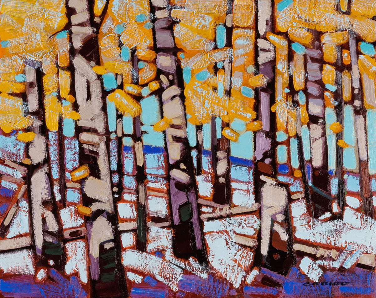 Cameron Bird, "Aspen Grove," oil on canvas, 16 x 20 in, contemporary landscape painting, unframed canvas