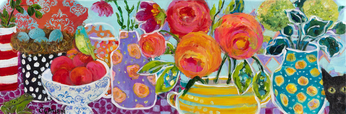 Cynthia Gatien, "A Brand New Day," acrylic on canvas, 12 x 36 in, Contemporary interior painting with cut flowers and fruit