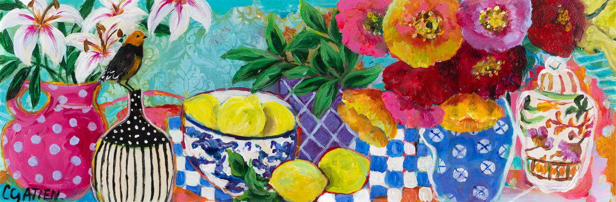 Cynthia Gatien, "My Happy Place," acrylic on canvas, 12 x 36 in, Contemporary interior painting with table flowers and fruit