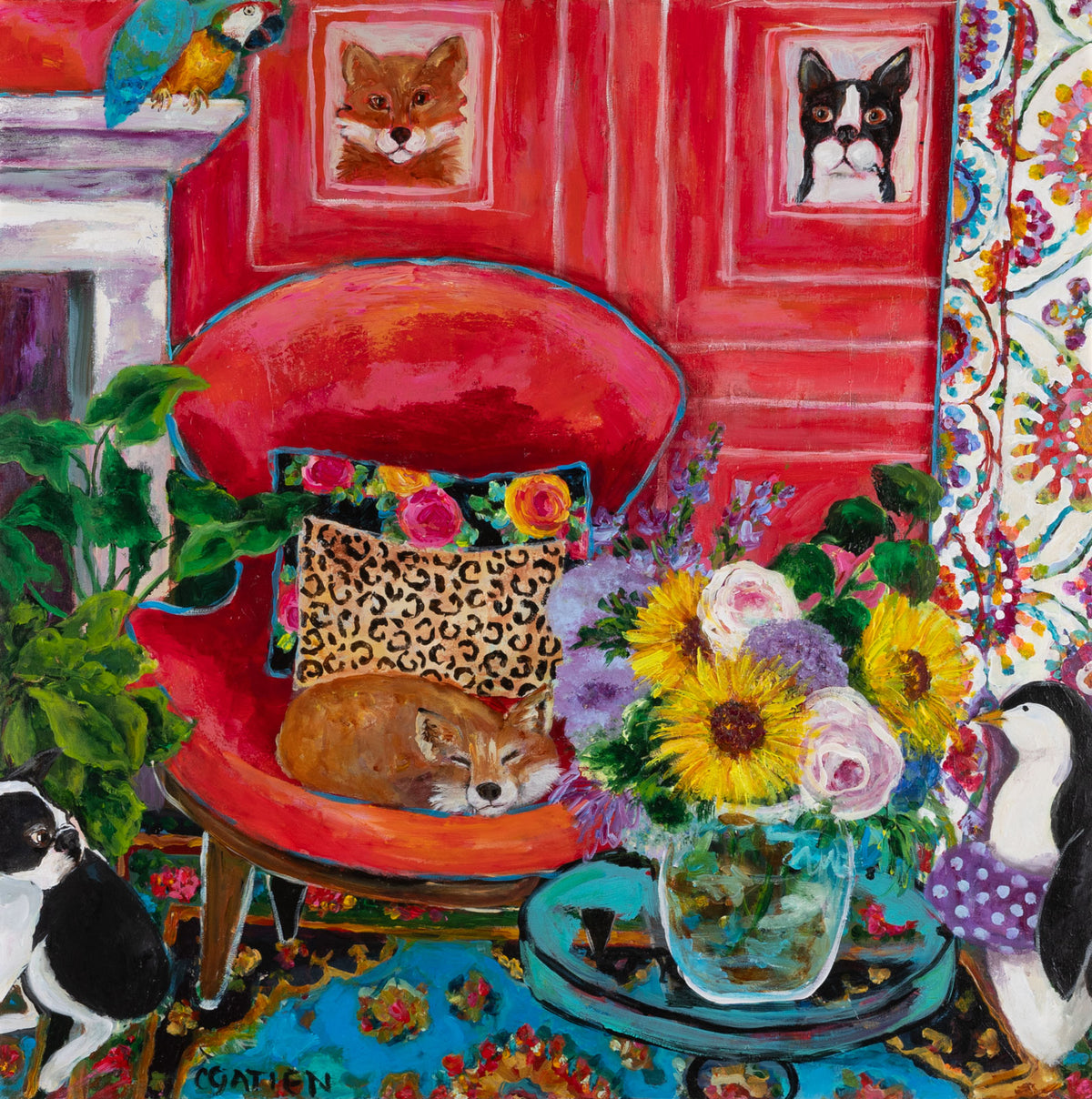 Cynthia Gatien, "Where's The Pool?," acrylic on canvas, 36 x 36 in, Contemporary interior painting with dogs and flowers
