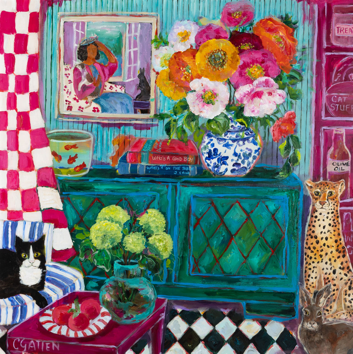 Cynthia Gatien, "You Know Where To Find Me," acrylic on canvas, 36 x 36 in, Contemporary interior painting with cats