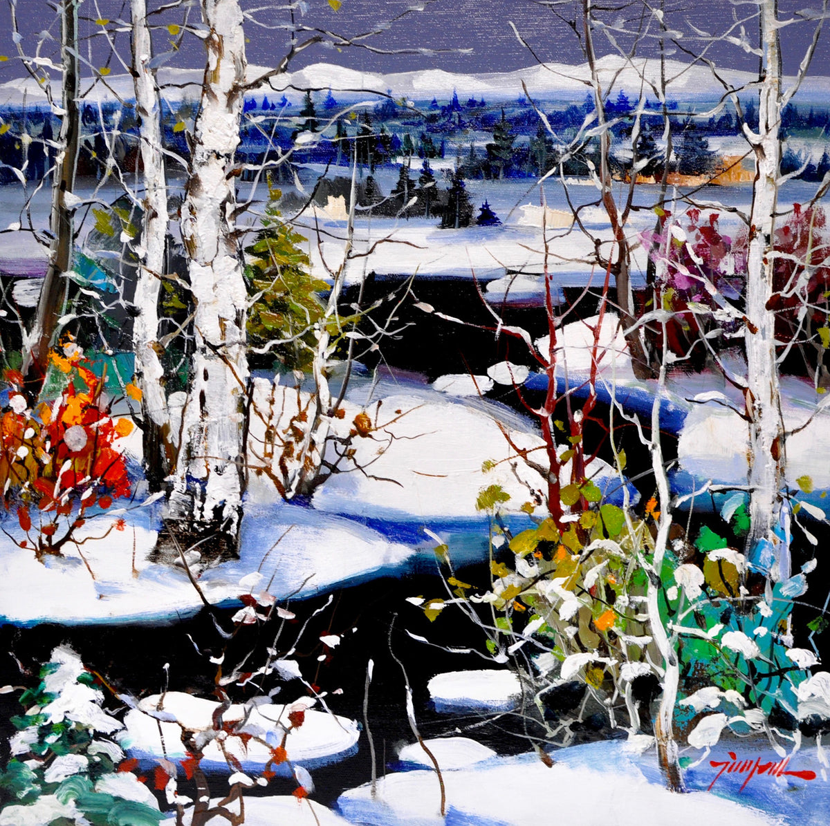 Tinyan Chan, "Frozen Stream," oil on canvas, 18 x 18 in, contemporary landscape painting, framed