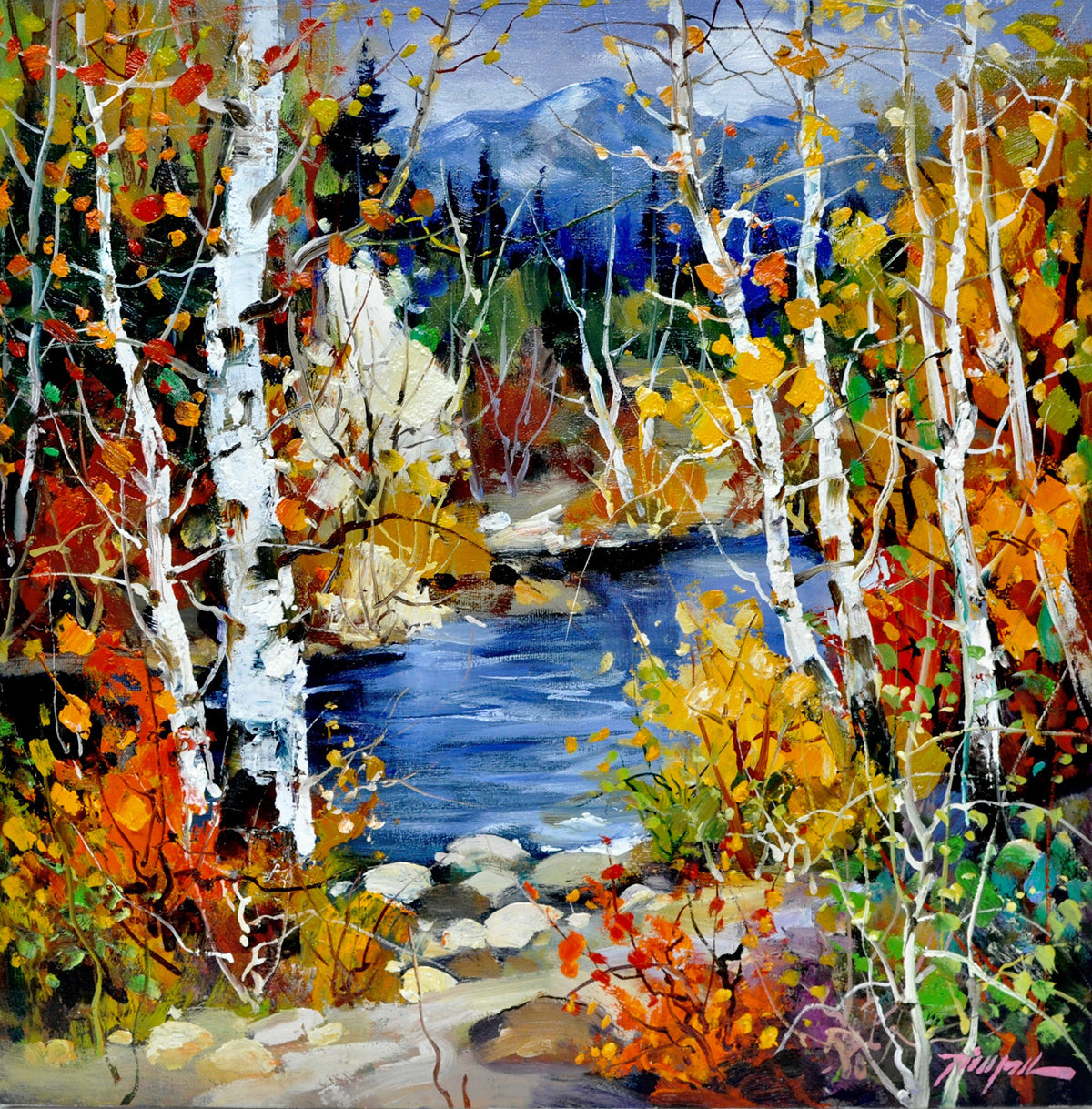 Tinyan Chan, "Autumn Mountain Lake," oil on canvas, 18 x 18 in, contemporary landscape painting, framed