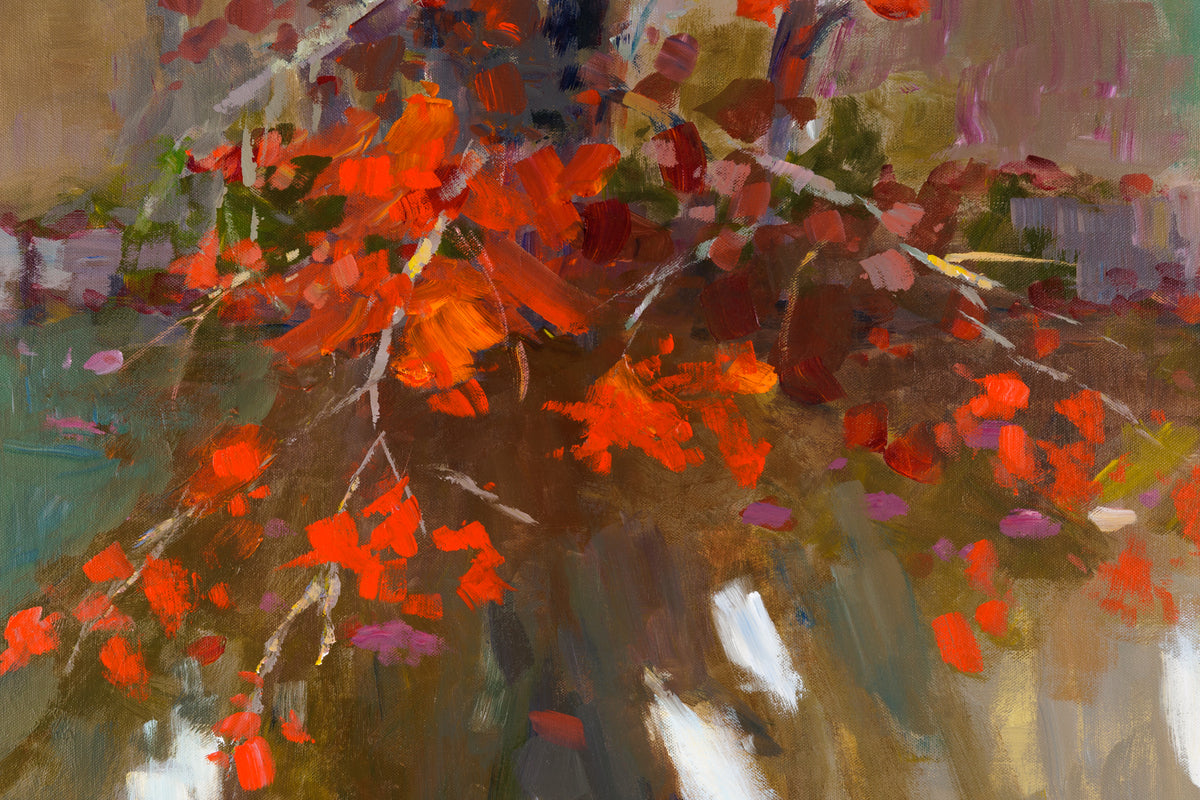 Charles Spratt, "Early Signs Of Winter," detail view, oil on canvas