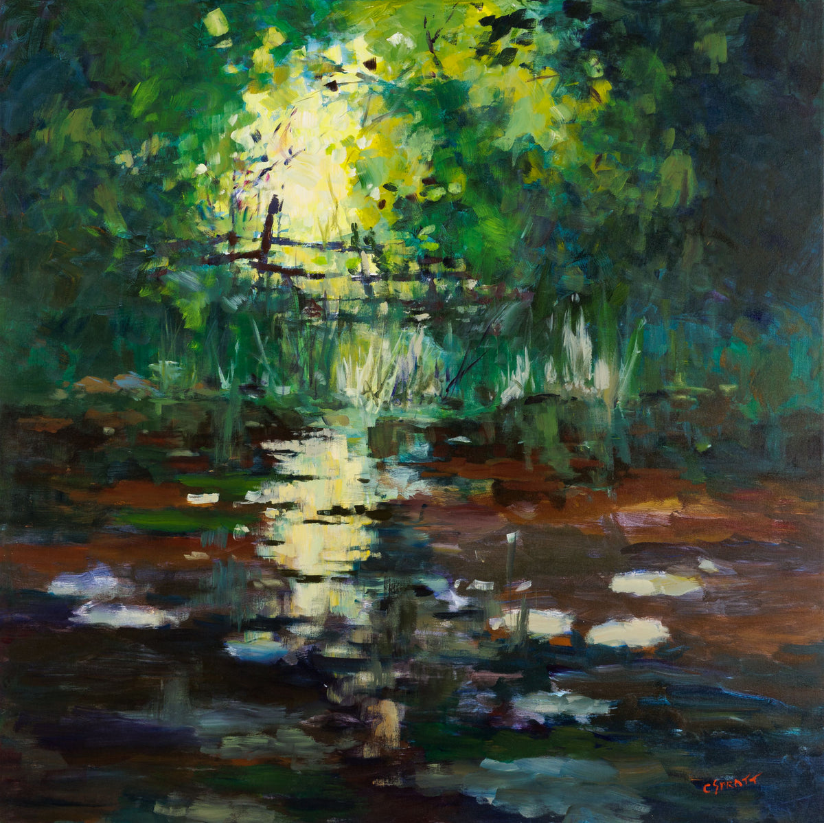 Charles Spratt, "Catch The Light," oil on canvas, 40 x 40 in, contemporary landscape painting with sunlight