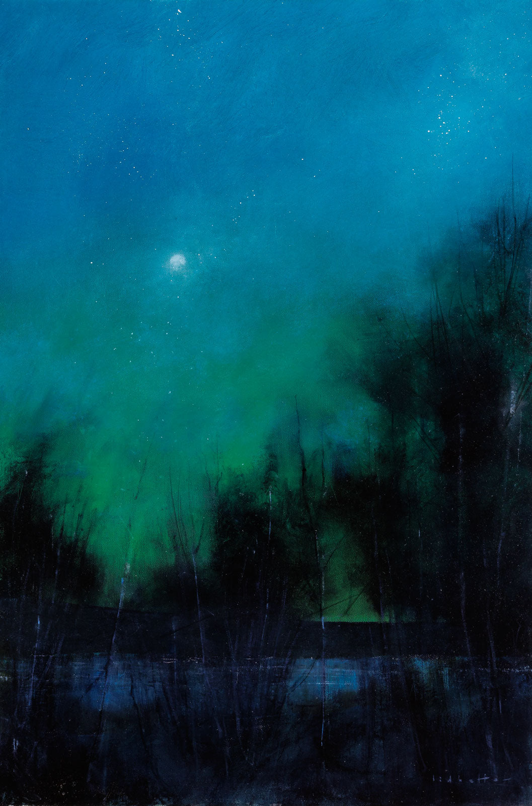 David Lidbetter, "Nocturne in Green & Blue," oil on canvas, 36 x 24 in, contemporary landscape painting, unframed canvas