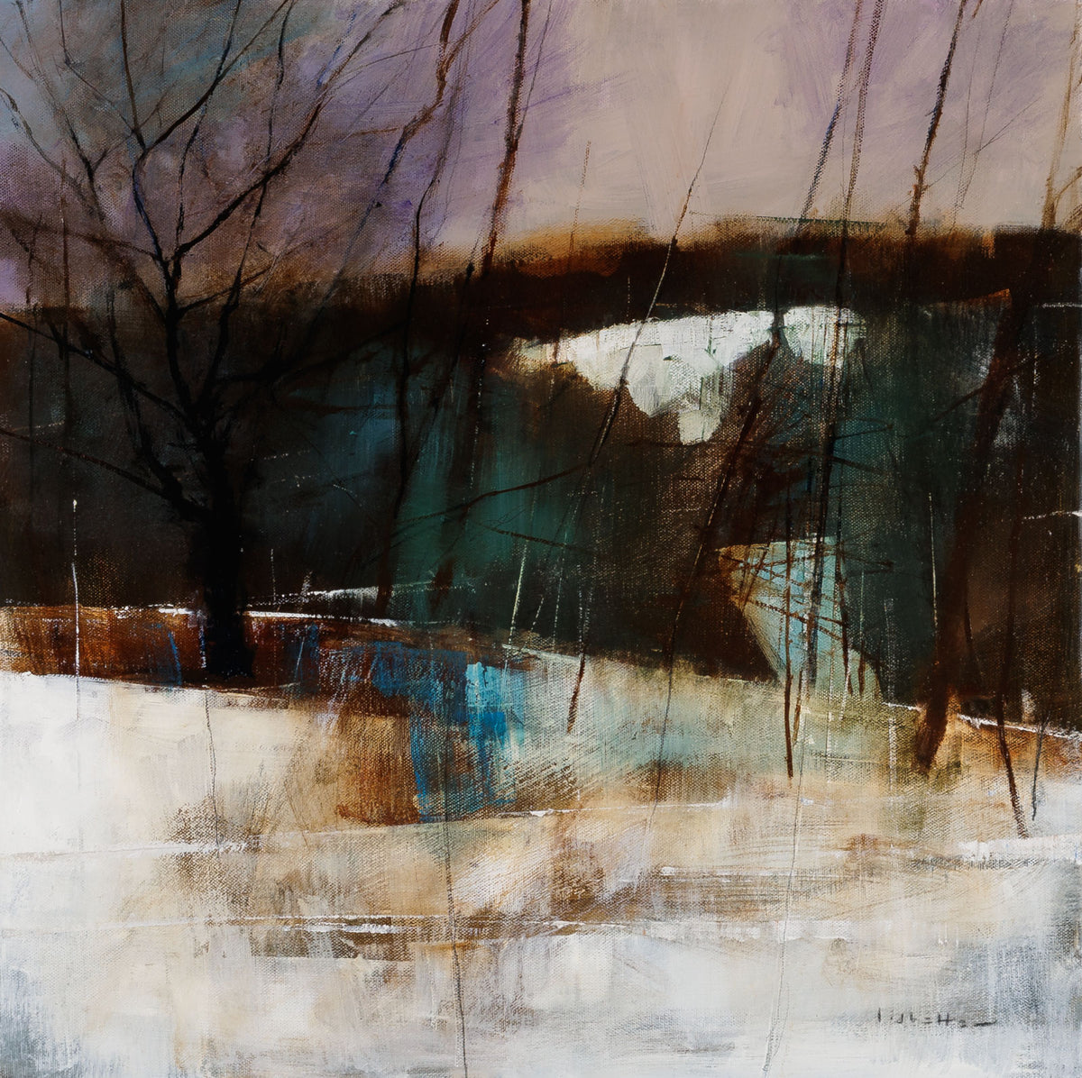 David Lidbetter, "Winter Hollow," oil on canvas, 24 x 24 in, contemporary landscape painting, unframed canvas