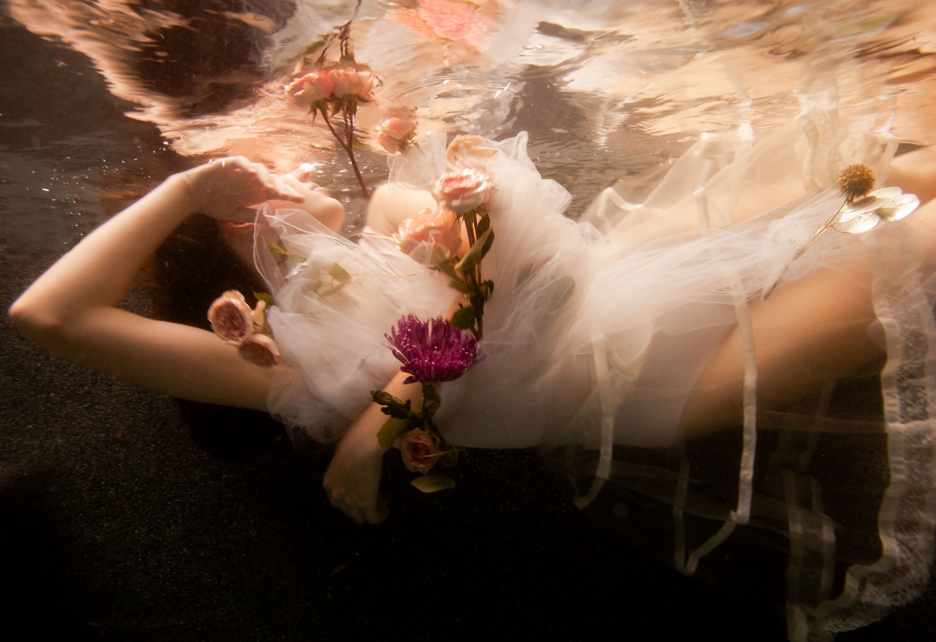 Alyssa Fortin, "Draped In Chrysanthemum," digital print on paper, 30 x 40 in, figurative limited edition print with a woman floating in water, framed