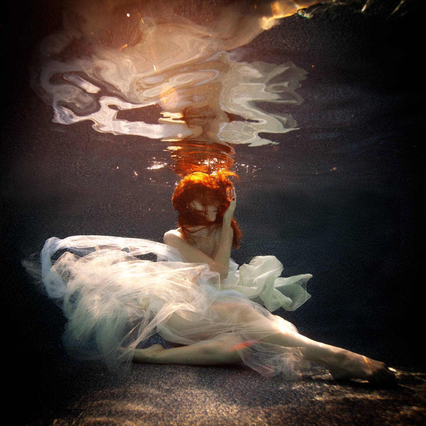 Alyssa Fortin, "Eternal Bloom," digital print on paper, 36 x 36 in, figurative limited edition print with a woman floating in water, framed
