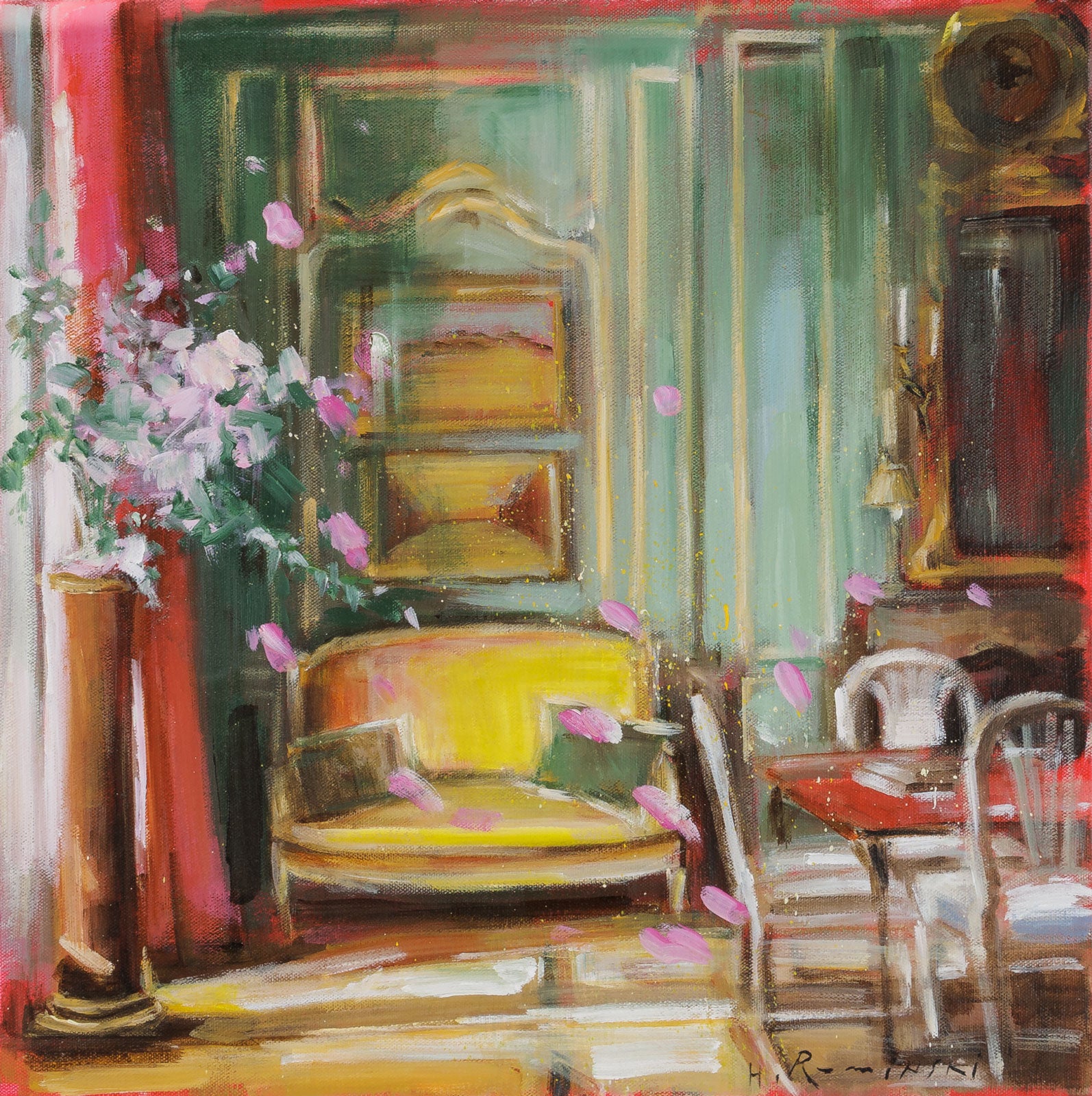 Hanna Ruminski, "Parisian Apartment With Yellow Settee," Acrylic on Canvas, 18 x 18 in, Contemporary interior painting with room, sofa