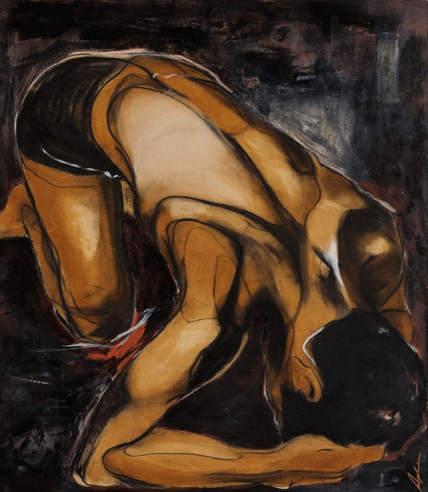 Joanna Aplin, "The Bends," mixed media on panel, 25.5 x 22 in., figurative painting, framed