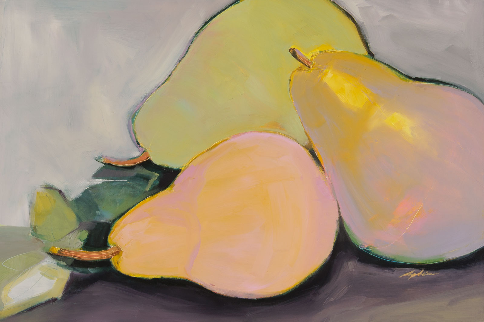Joanna Aplin, "Three Pears," oil on canvas, 16.25 x 24.25 in., still-life painting of three european pears, unframed