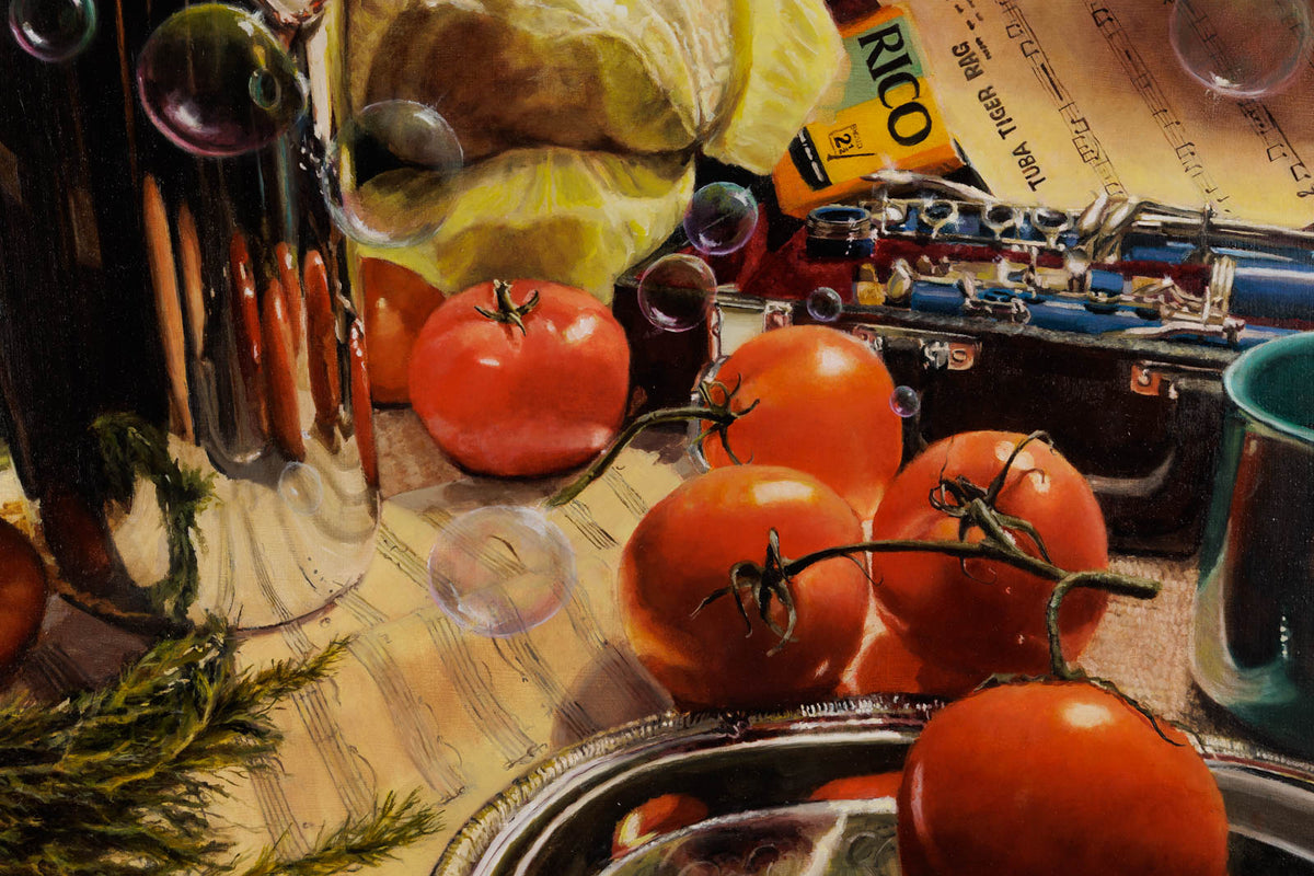 Jen Kershaw, "Cabbage Rolls & Coffee (Mmm Mmm Good!)," detail 1, oil on panel