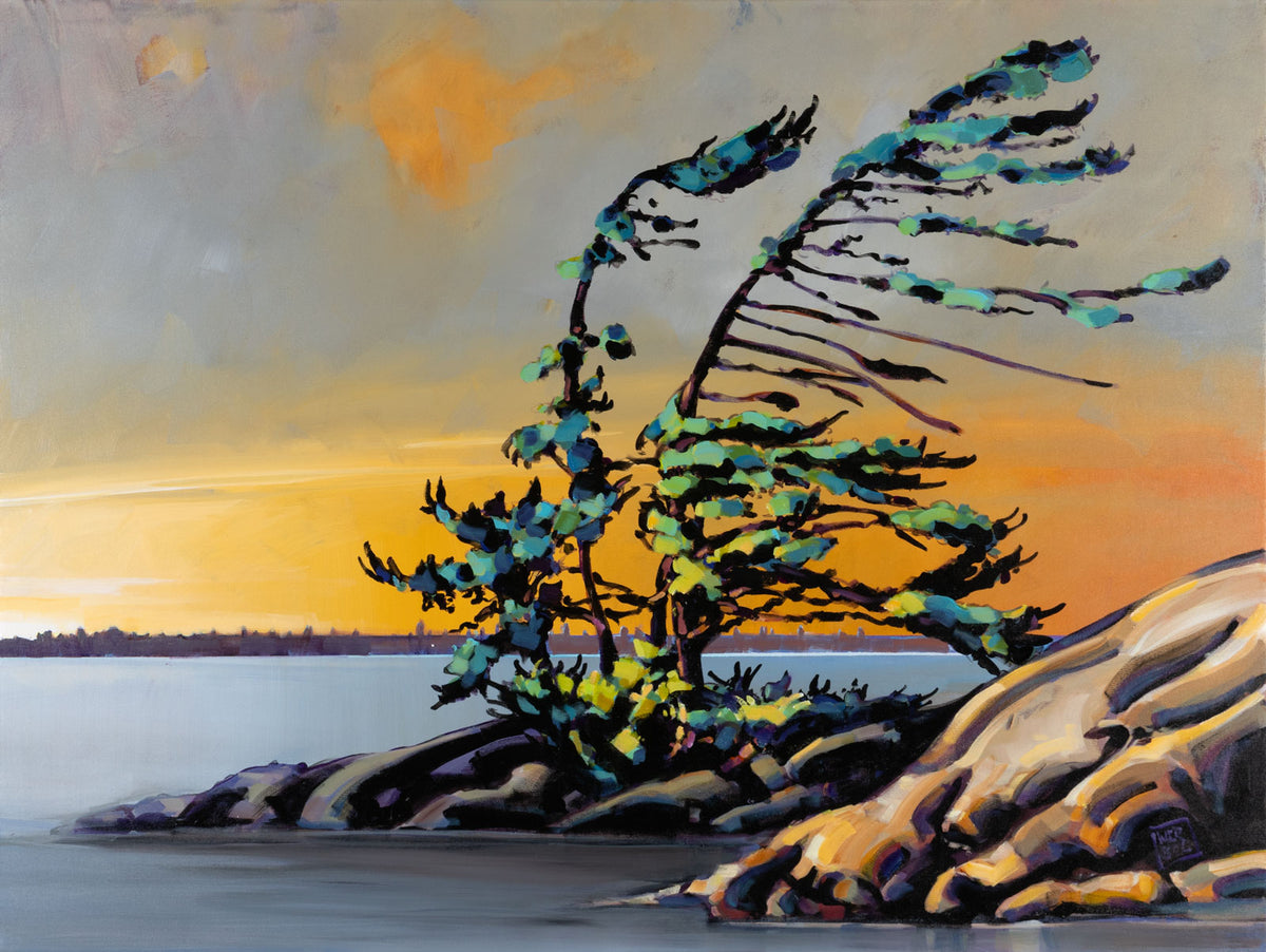 Jerzy Werbel, "The Glow Down," acrylic on canvas, 36 x 47 in, Contemporary landscape painting with rocks and trees