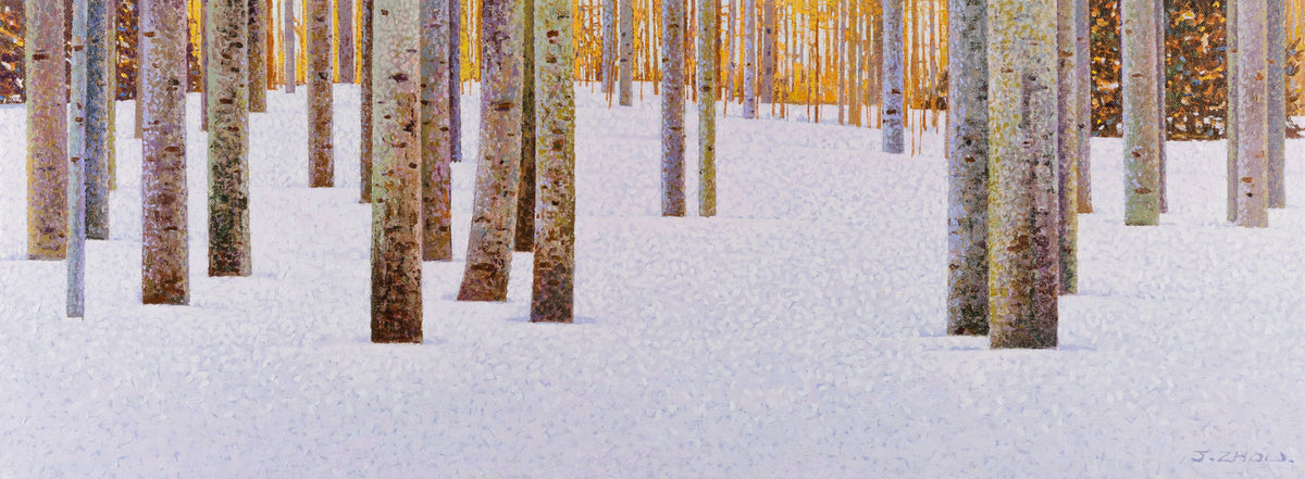 Jack Zhou, "Snowy Scenery I," oil on canvas, 18 x 48 in, contemporary landscape painting, framed