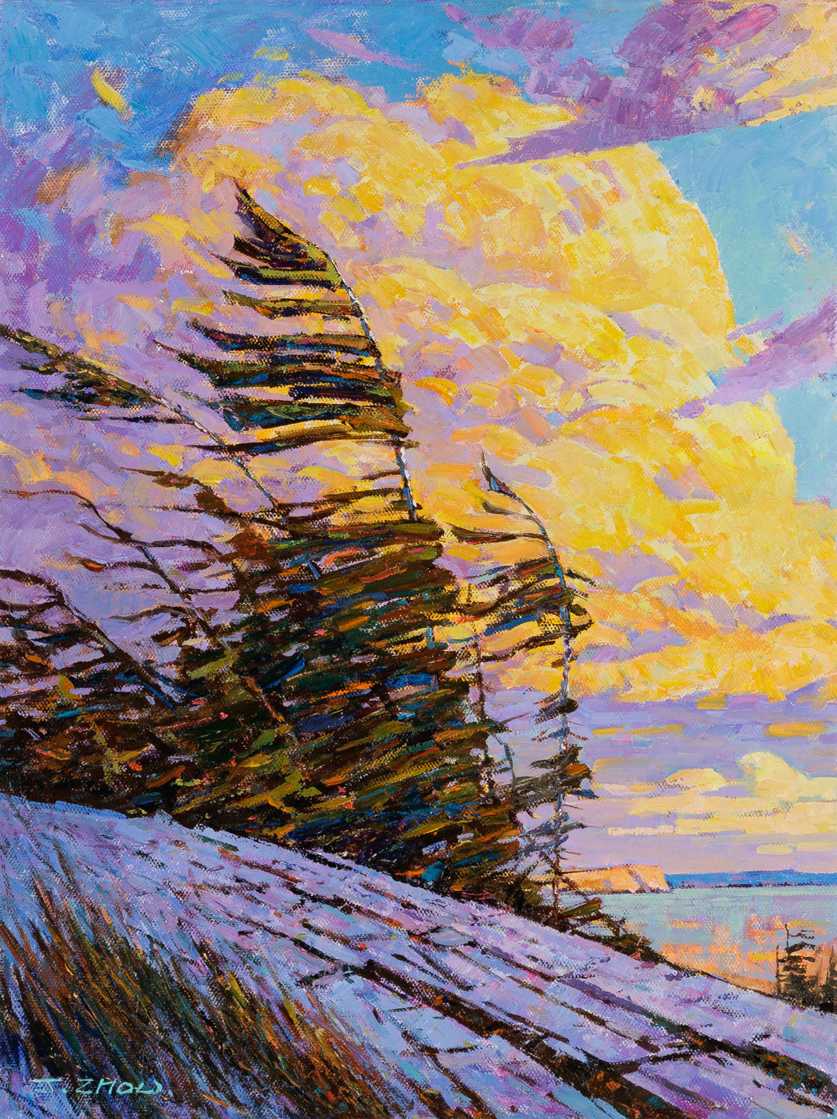 Jack Zhou, "Lakeshore," oil on canvas, 24 x 18 in, contemporary landscape painting, framed