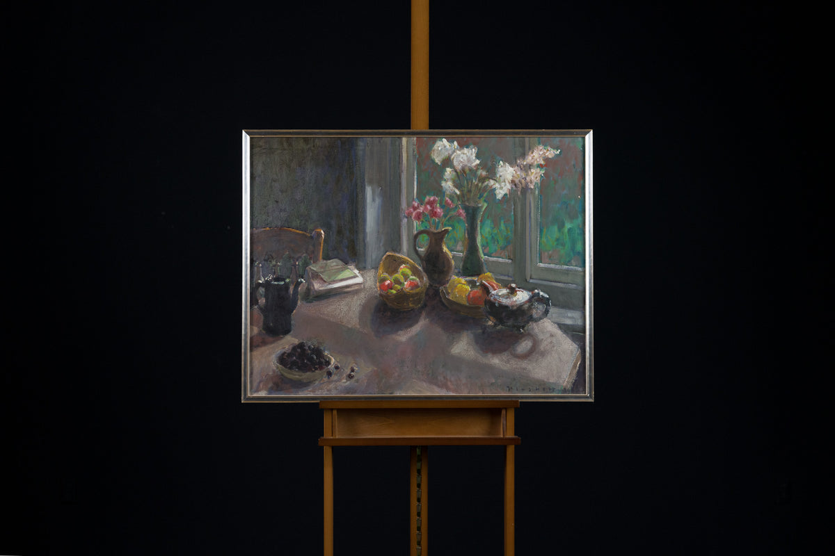Joseph Plaskett RCA, "Morning Still Life," oil on canvas, 28 x 36 in, traditional still life painting, framed