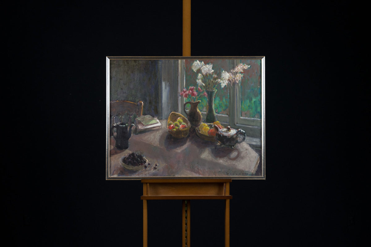 Joseph Plaskett, "Morning Still Life," oil on canvas, 28 x 36 in, traditional still life, framed