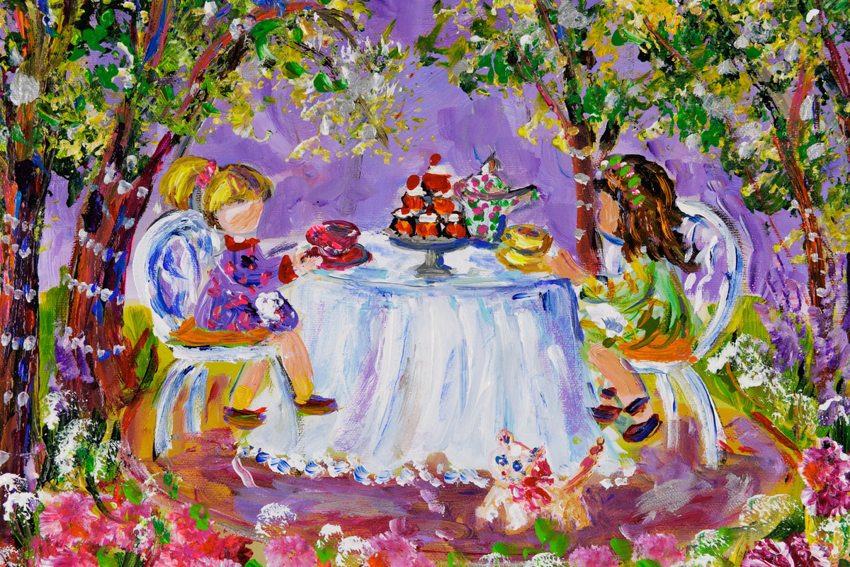 Katerina Mertikas, "Tea Service In The Twilight," detail 1, acrylic on canvas