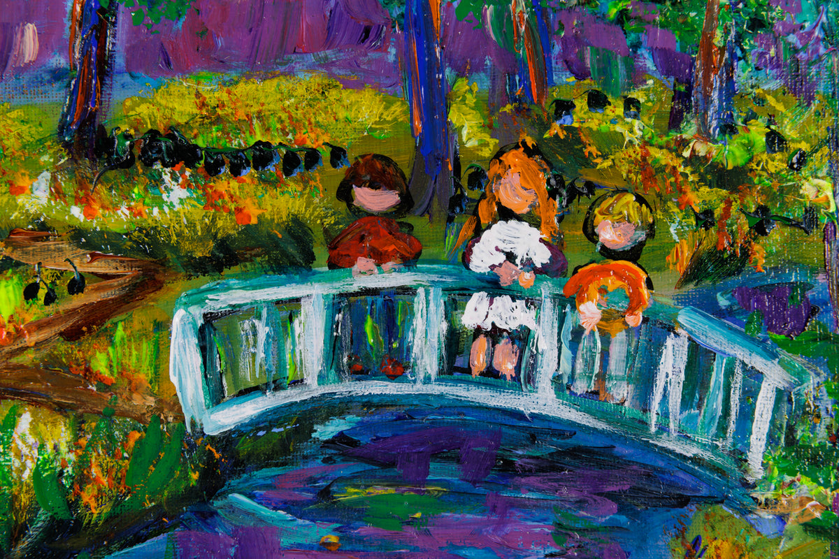 Katerina Mertikas, "Rowing Under the Bridge," detail view, acrylic on canvas
