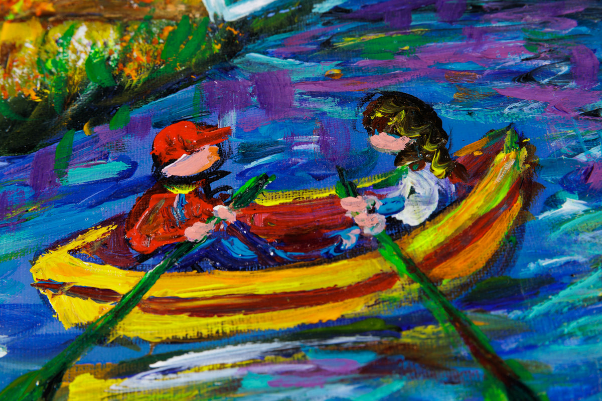 Katerina Mertikas, "Rowing Under the Bridge," detail view, acrylic on canvas