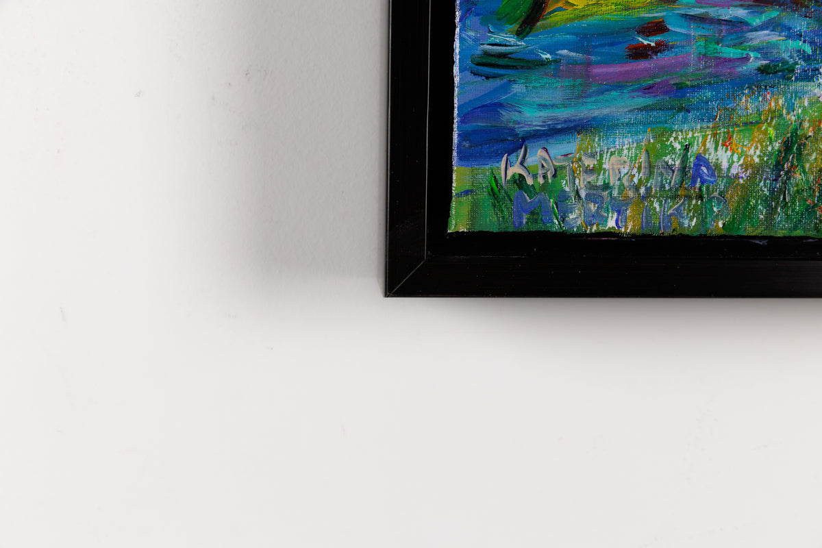 Katerina Mertikas, "Rowing Under the Bridge," detail view, acrylic on canvas