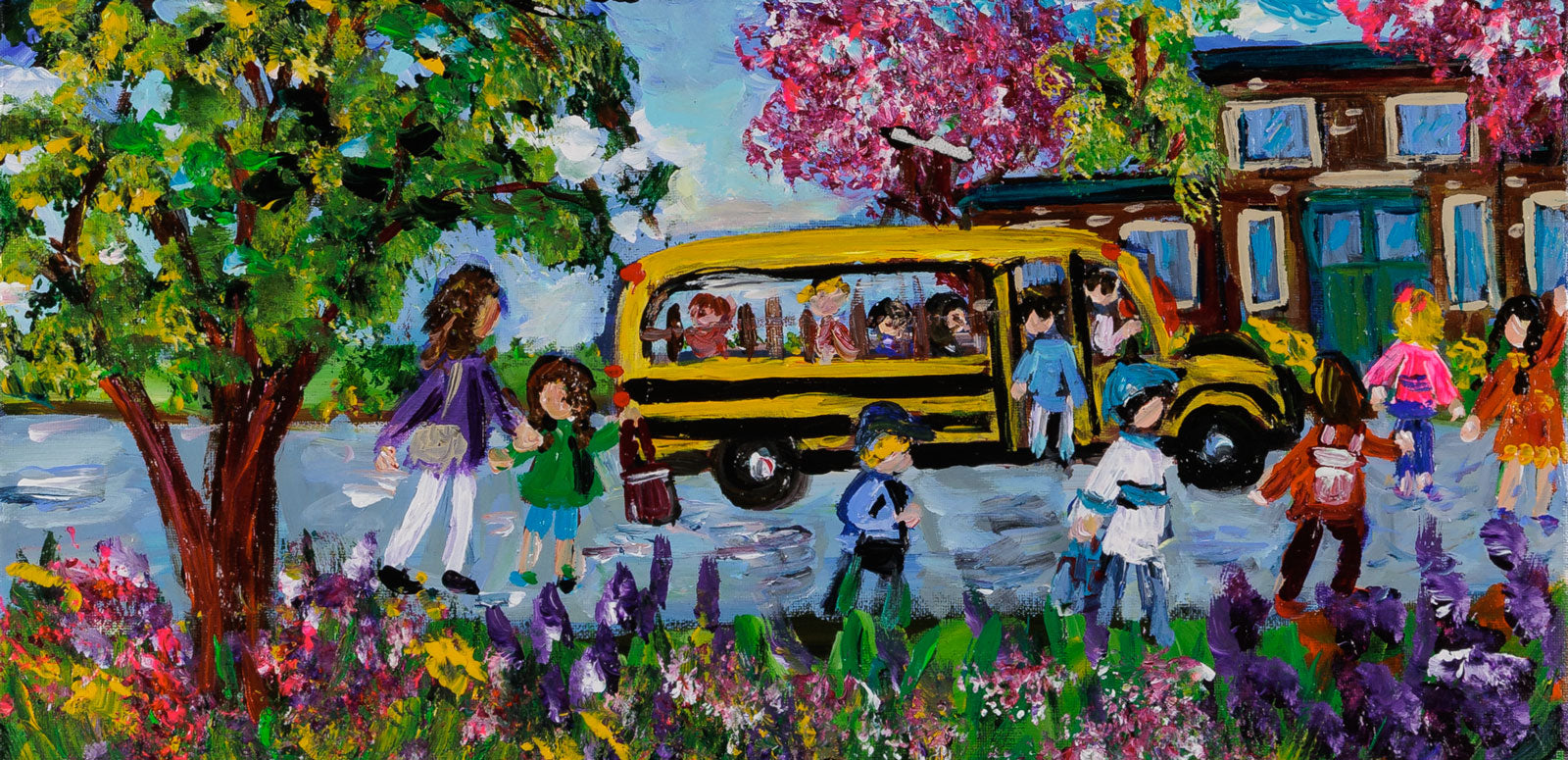 Katerina Mertikas, "End of a School Year," acrylic on canvas, 20 × 10 in., children and school bus, naïve style contemporary painting, dark brown floater frame