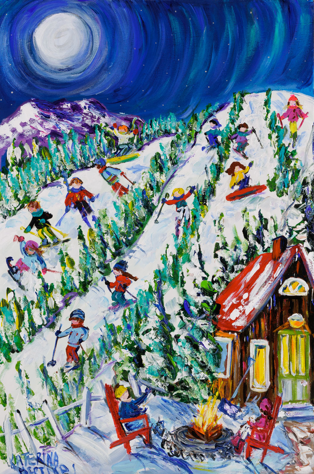 Katerina Mertikas, "The Hills Are Alive," acrylic on canvas, 36 x 24 in., naïve-style painting of children playing in the hills, framed