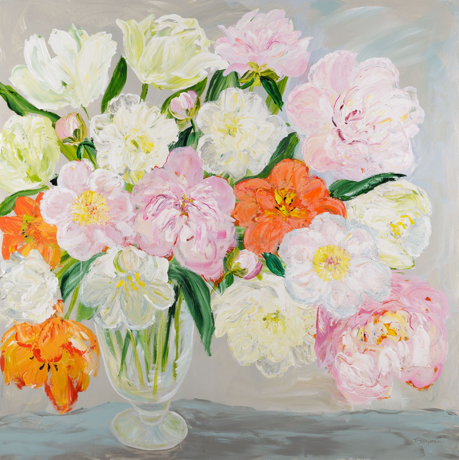 Caroline Koyman, "Fully Blooming," acrylic on canvas, 57 x 57 in., floral painting in full bloom, unframed