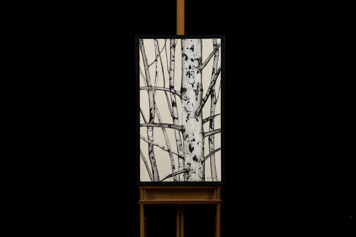 Ken Vincent, "Birches 18," acrylic on panel, 36 x 20 in, nature painting with birches, framed
