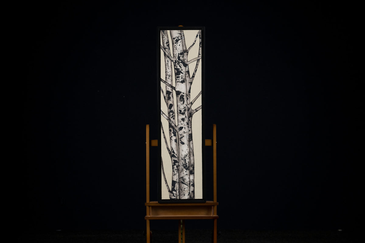 Ken Vincent, "Birches 33," acrylic on panel, 48 x 12 in, nature painting with birches, framed