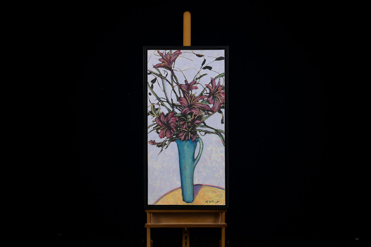 Ken Vincent, "Lilies In A Blue Vase II," acrylic on panel, 40 x 20 in, floral painting with lilies, framed