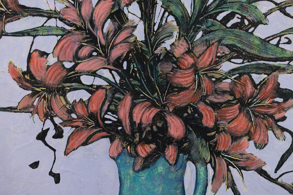 Ken Vincent, "Lilies In A Blue Vase I," detail view, acrylic on panel