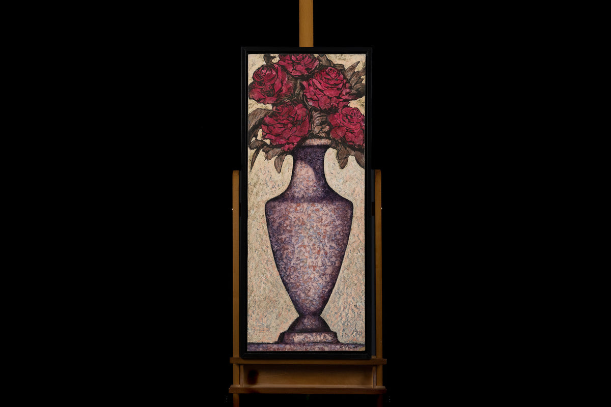 Ken Vincent, "Red Roses Bouquet," acrylic on panel, 40 x 16 in, floral painting with garden roses, framed