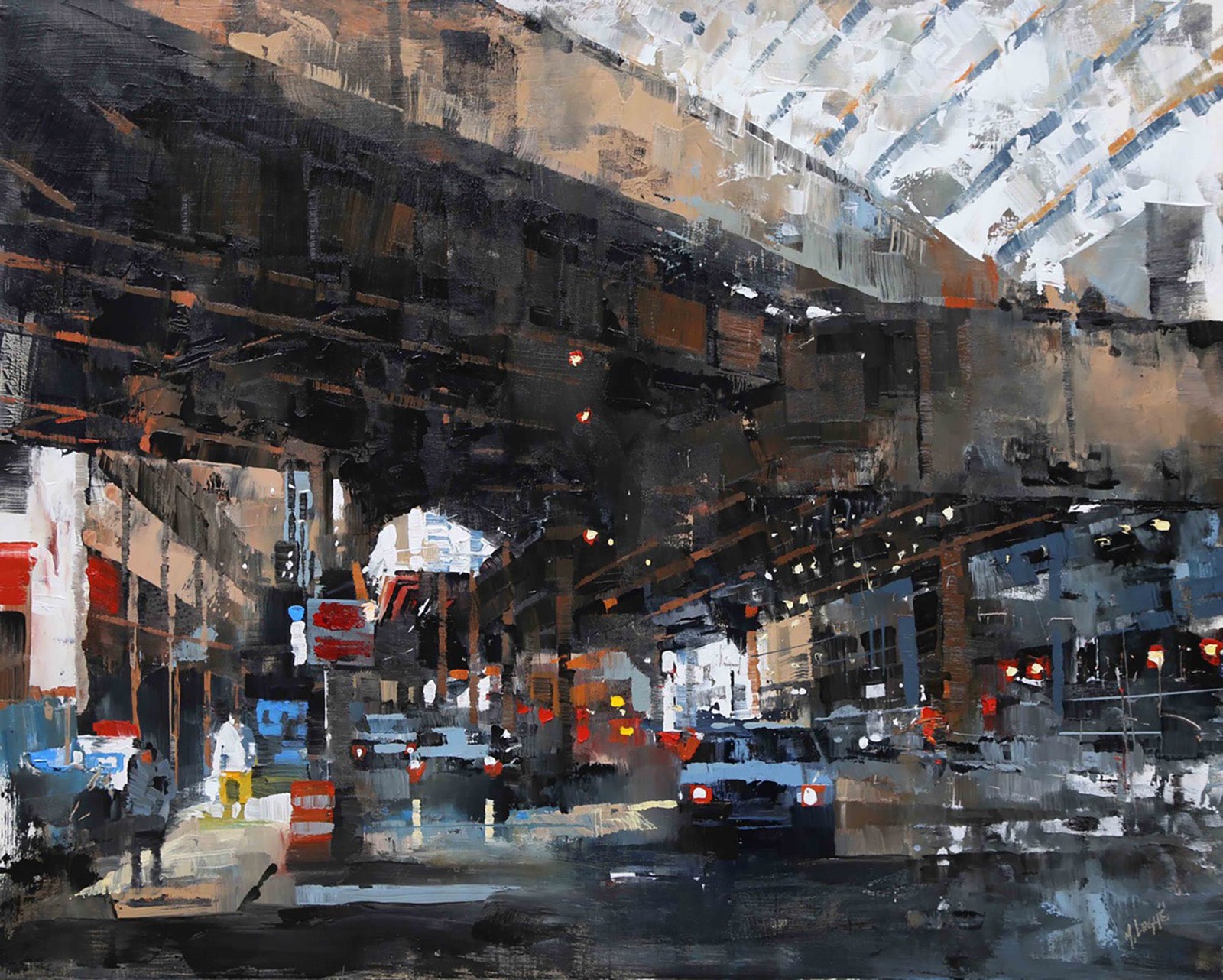 Cityscape “Beneath The L Train” by Mark Lague – oil on panel.