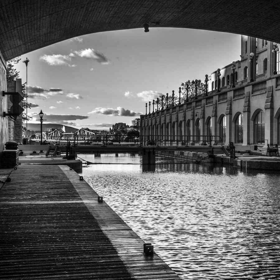 Ottawa “Locks Under Bridge BW” by Ottawa – giclee on paper.