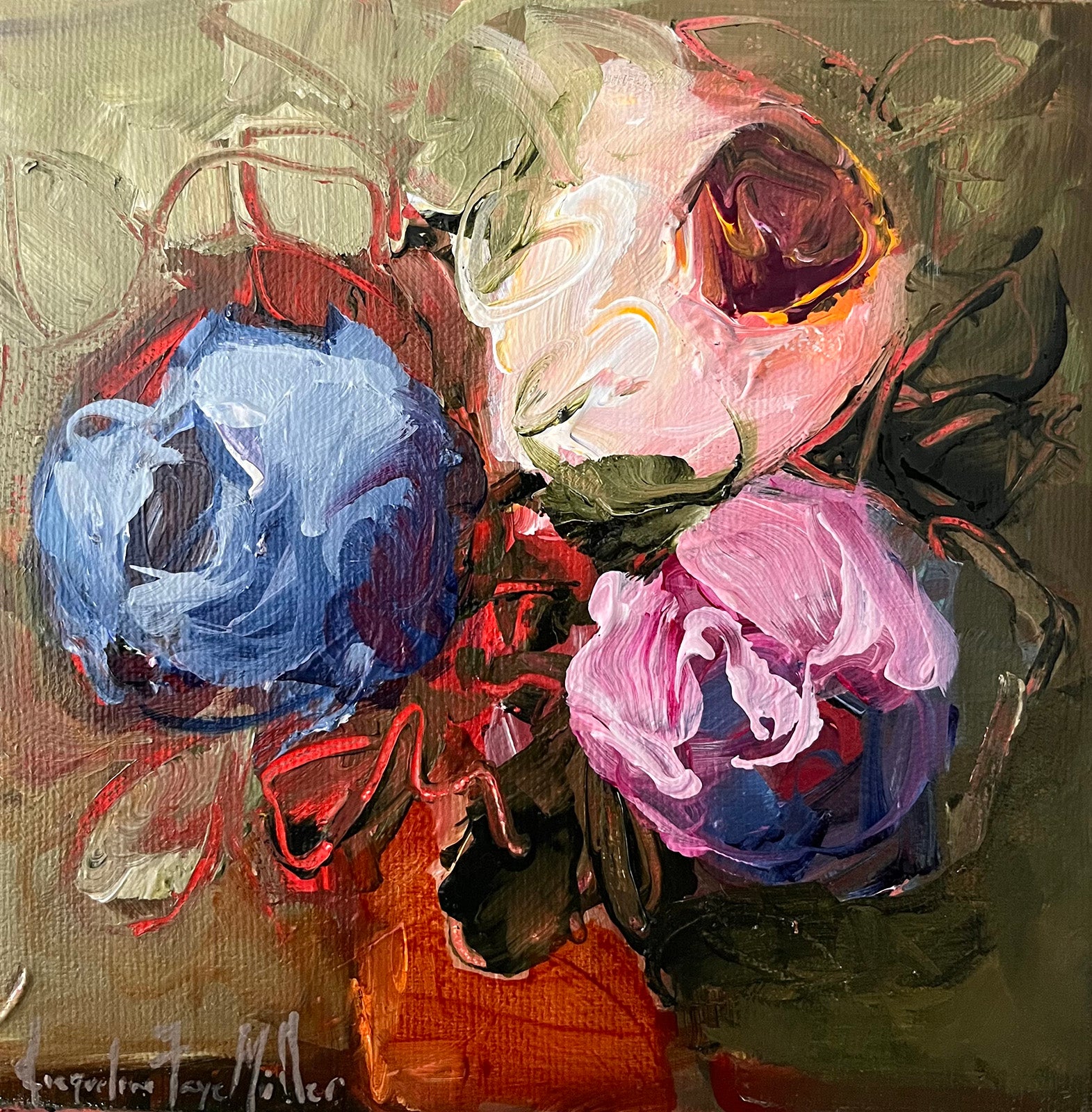 Floral “A World Of Hugs” by Jacqueline Miller – acrylic on canvas.