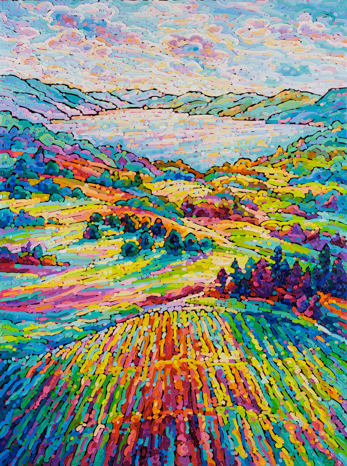 Noémie L. Côté, "The Valley in Splendour," oil on canvas, 48 x 36 in, contemporary landscape painting with fields and hills