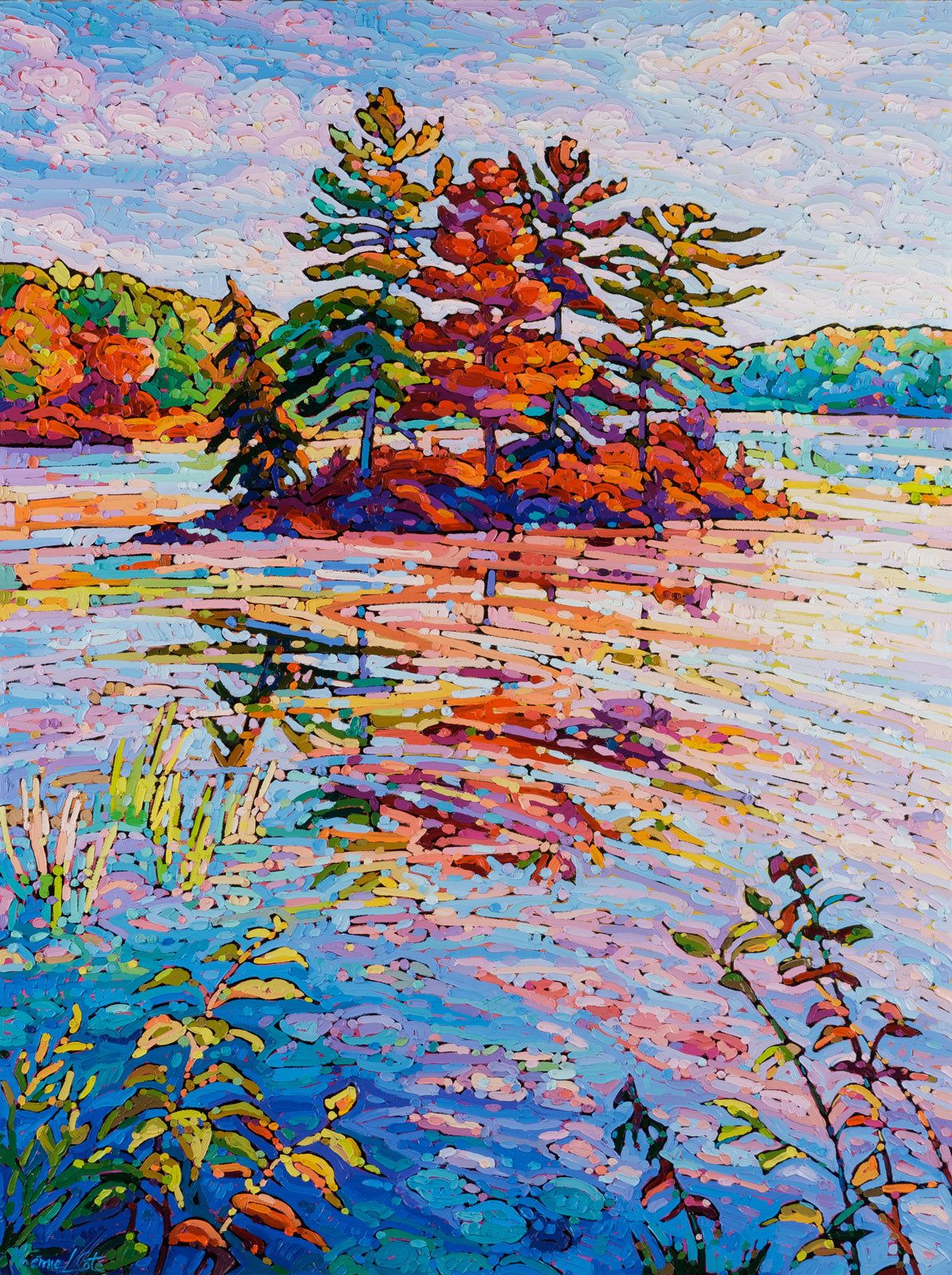 Noémie L. Côté, "Where Autumn Meets Water," oil on canvas, 48 x 36 in, contemporary landscape painting with island and pine trees