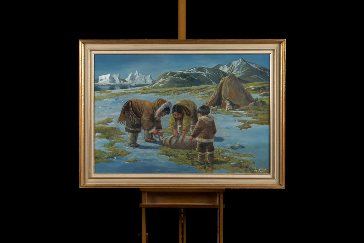 Nori Peter, "At The Campsite, Canadian Arctic," oil on panel, 30 x 44 in, Native-Canadian figurative landscape, framed