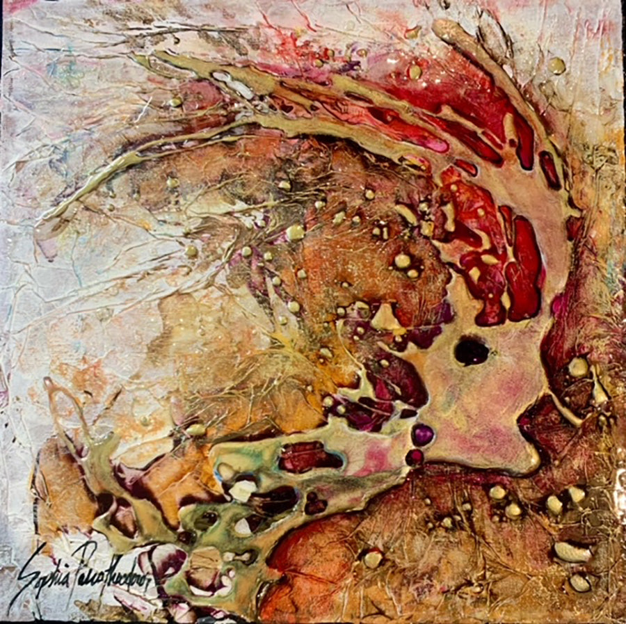Abstracts “Sharing The Spirit VI” by Sophia Paleotheodoros – mixed media and resin on canvas.