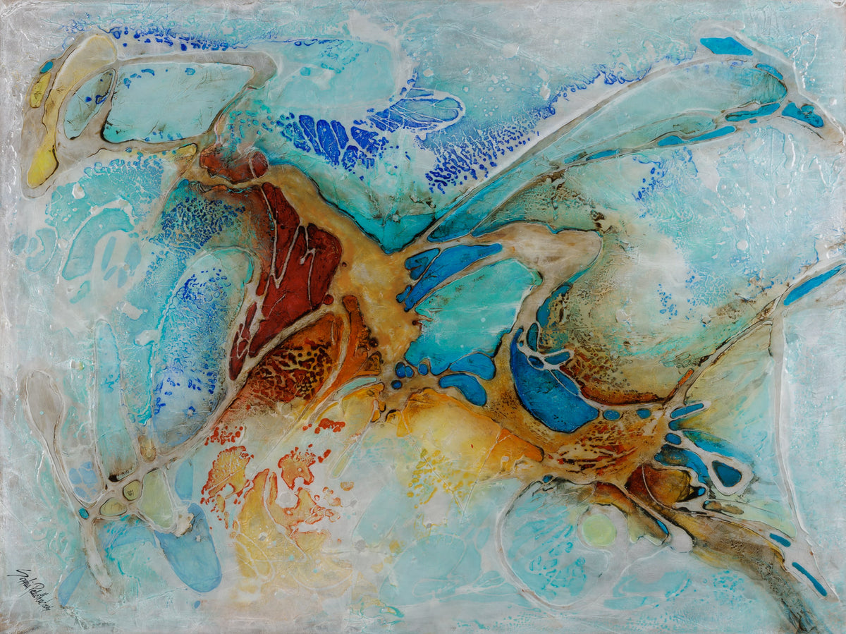 Sophia Paleotheodoros, "Beautiful Day," mixed media and resin on canvas, 36 x 48 in, abstract mixed media work, unframed canvas