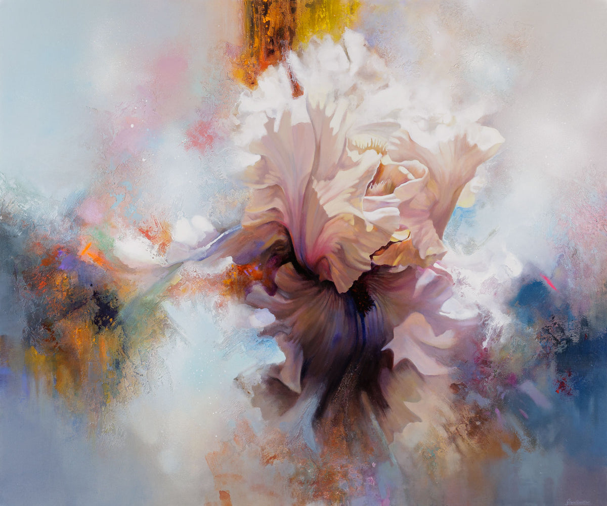 Qian Xiao, "Body Mind Spirit #55," mixed media on canvas, 40 x 48 in, abstract floral artwork with rose