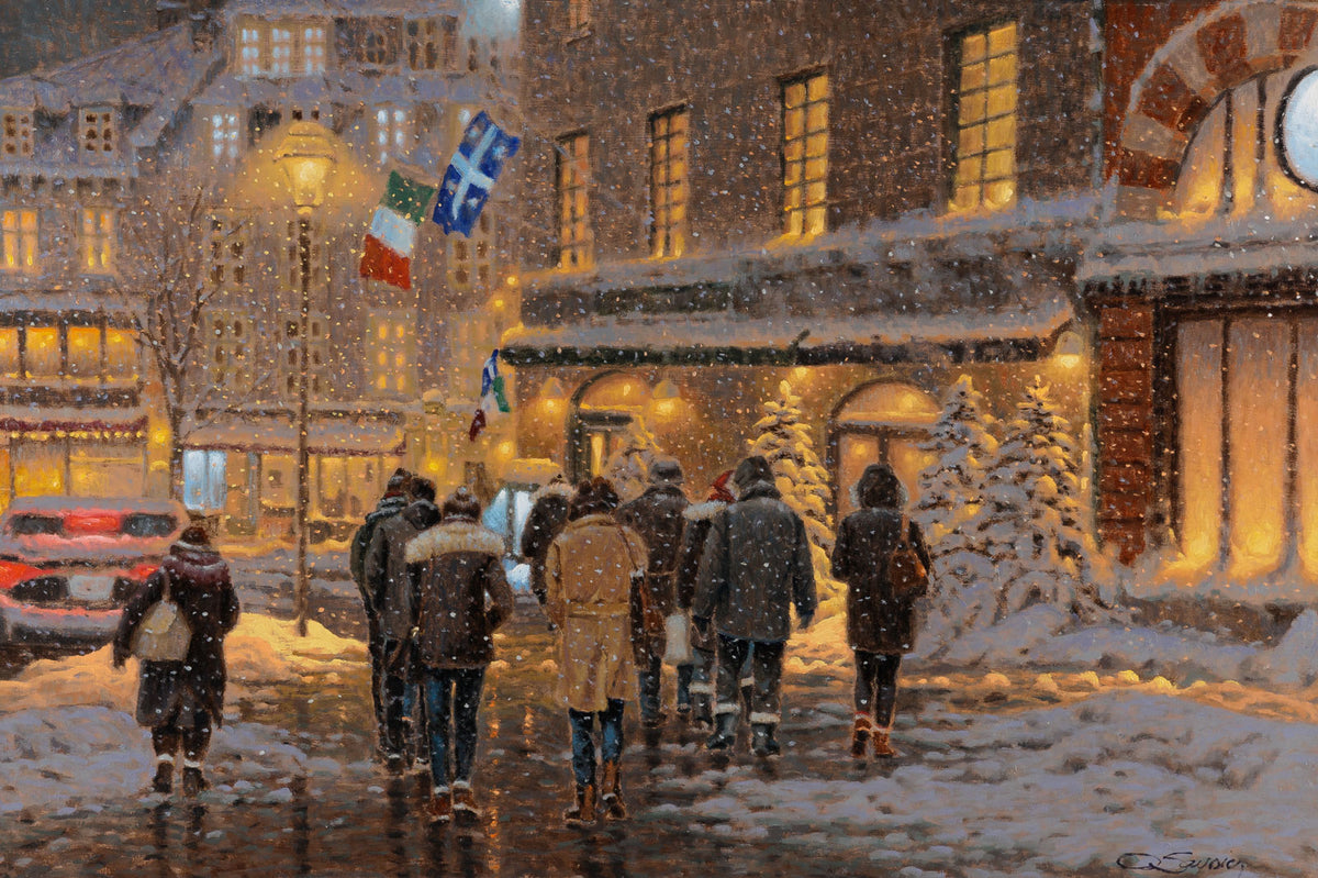 Richard Savoie, "Petite Italie, Montreal QC," oil on canvas, 20 x 30 in, contemporary cityscape painting, framed
