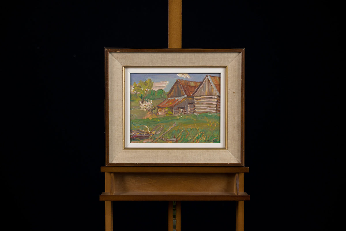 Ralph Burton, "Barns In South March, ON," oil on panel, 10.5 x 13.5 in, traditional landscape with barns, framed